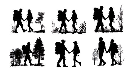 Camper Couple Holding Hands and Walking Silhouettes isolated on plain white background.のイラスト素材