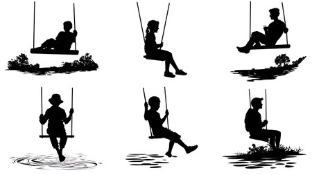 Camper on Rope Swing Over Lake Silhouettes Set isolated on plain white background.のイラスト素材