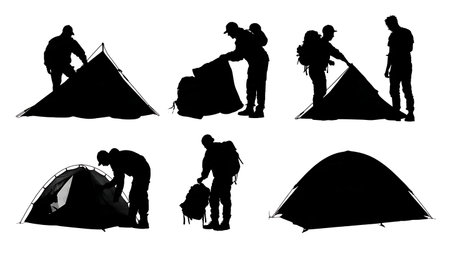 Camper Repairing Gear and Tent Silhouettes Collection isolated on plain white background.のイラスト素材