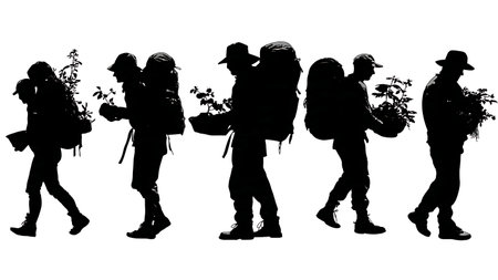 Camper Foraging for Edible Plants Silhouettes Set isolated on plain white background.のイラスト素材