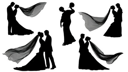 Romantic Bridal Veil Wedding Couple Silhouettes Set isolated on plain white background.のイラスト素材