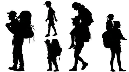 Camper Giving Child a Piggyback Ride Silhouettes Pack isolated on plain white background.のイラスト素材
