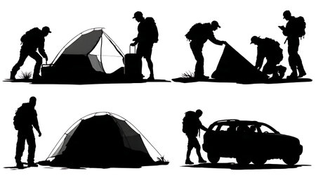 Campers Packing Up and Leaving Campsite Silhouettes isolated on plain white background.のイラスト素材