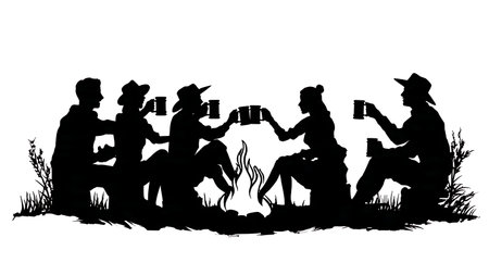 Campers Toasting with Tin Mugs Silhouettes Set of Six isolated on plain white background.のイラスト素材