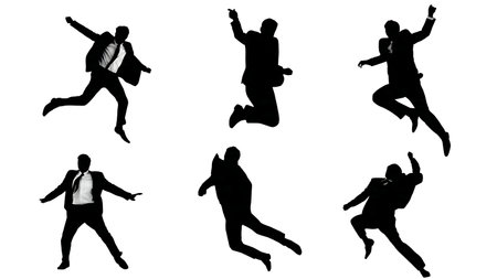 Unexpected Joy Jump in a Business Suit Silhouettes isolated on plain white background.のイラスト素材