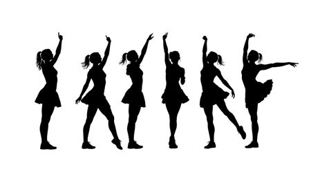 Broken T and Half T Arm Motion Cheerleader Silhouettes isolated on plain white background.のイラスト素材