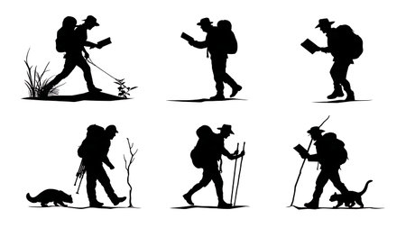 Camper with Field Guide Identifying Nature Silhouettes isolated on plain white background.のイラスト素材