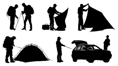Campers Packing Up and Leaving Campsite Silhouettes isolated on plain white background.のイラスト素材