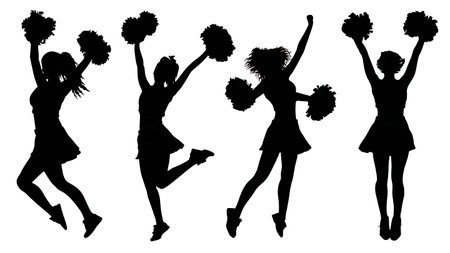 Celebratory Victory Pose Cheerleader Silhouettes Set of Six isolated on plain white background.