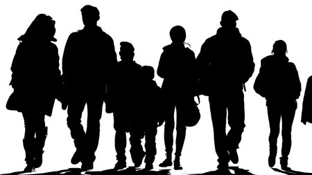 Tourist Crowd on a Guided City Tour Silhouettes isolated on plain white background.のイラスト素材