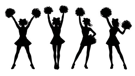 Set of Six Classic Cheerleader Pom-Pom Pose Silhouettes on White Background isolated on plain white background.のイラスト素材