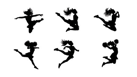 Mid-Air Spin and Twist Cheerleader Silhouettes Collection isolated on plain white background.のイラスト素材