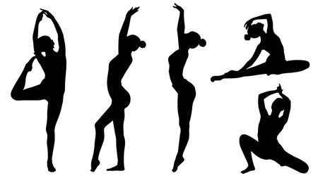 Cheerleader Warm-Up and Stretching Pose Silhouettes Collection isolated on plain white background.のイラスト素材
