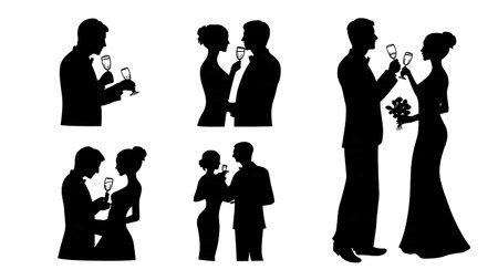 Wedding Couple Champagne Toast Celebration Silhouettes isolated on plain white background.のイラスト素材