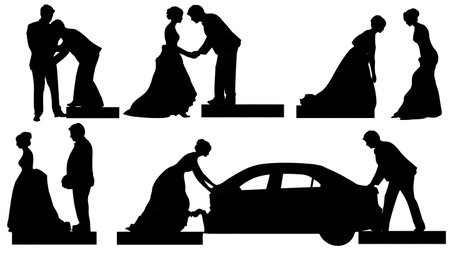 Supportive Groom Helping Bride Silhouettes Set isolated on plain white background.のイラスト素材