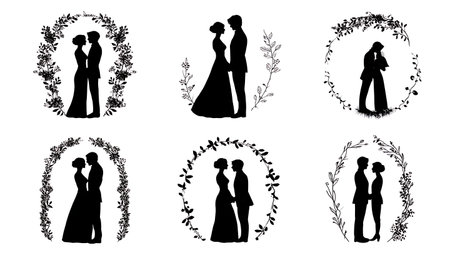 Bride and Groom Framed by Floral Arch Silhouettes isolated on plain white background.のイラスト素材