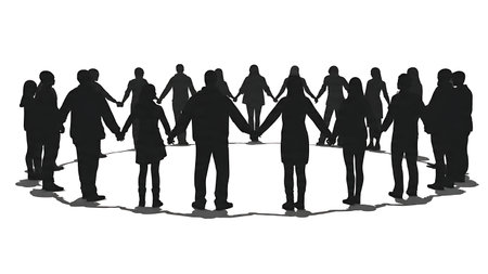 Diverse Crowd Holding Hands in a Circle of Unity Silhouettes isolated on plain white background.のイラスト素材