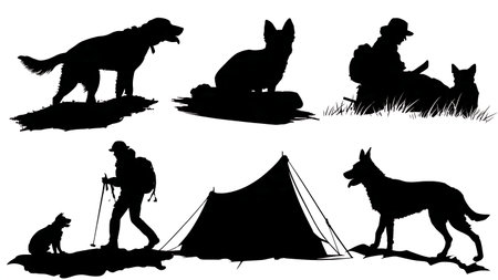 Camping Dog Companion Silhouettes Set of Six isolated on plain white background.のイラスト素材