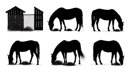 Horse Eating from Hay Net in Stable Silhouettes isolated on plain white background.のイラスト素材