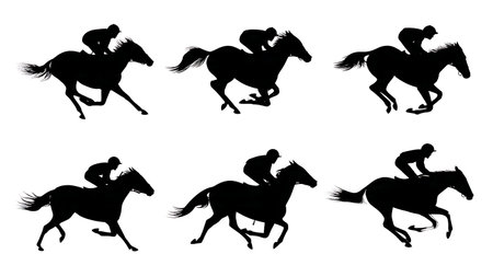 Extreme Speed Horse and Jockey Motion Blur Silhouettes isolated on plain white background.のイラスト素材