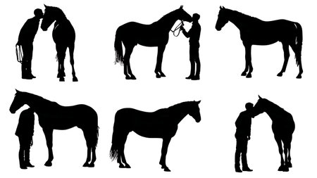 Horse Nuzzling Groom Affectionately Silhouettes isolated on plain white background.のイラスト素材