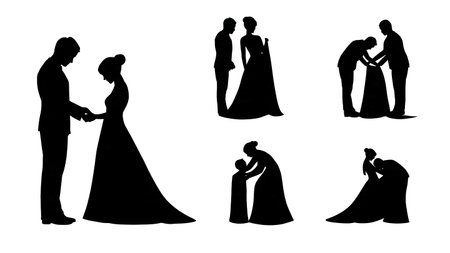 Caring Groom Assisting Bride with Dress Silhouettes isolated on plain white background.のイラスト素材