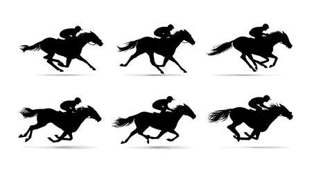 Black Solid Thoroughbred Horse Race in Full Gallop Silhouettes Set of Six isolated on plain white background.のイラスト素材