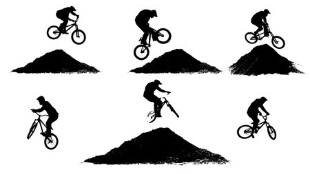 High-Flying Dirt Jump BMX Rider Silhouettes isolated on plain white background.のイラスト素材