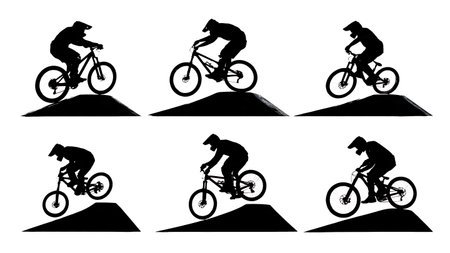 BMX Rider on Pump Track Silhouettes isolated on plain white background.のイラスト素材