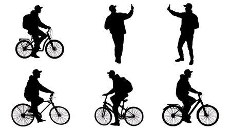 Bicycle Rider Taking a Selfie Silhouettes isolated on plain white background.のイラスト素材