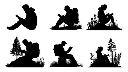 Camper Journaling and Sketching in Nature Silhouettes isolated on plain white background.のイラスト素材
