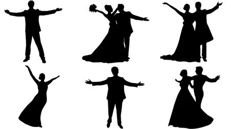 Joyful Bride and Groom with Arms Outstretched Silhouettes isolated on plain white background.のイラスト素材