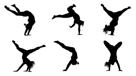 Black Solid Cheerleader Backflip and Tuck Silhouettes Set isolated on plain white background.のイラスト素材