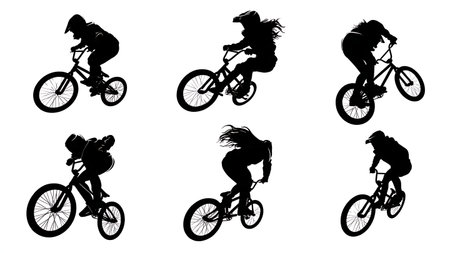 Dynamic Female BMX Rider Silhouettes Set isolated on plain white background.のイラスト素材