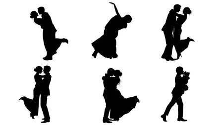 Celebratory Groom Lifting Bride Silhouettes Set isolated on plain white background.のイラスト素材