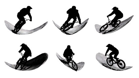 Stylish BMX Bowl Carving Turn Silhouettes isolated on plain white background.のイラスト素材