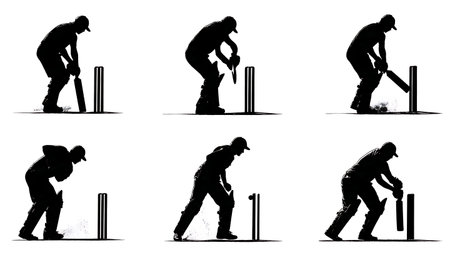 Bowler Breaking Stumps (Bowled) Action Silhouettes isolated on plain white background.のイラスト素材