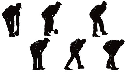 Bowler Adjusting Field Strategy Silhouettes Set of Six isolated on plain white background.のイラスト素材