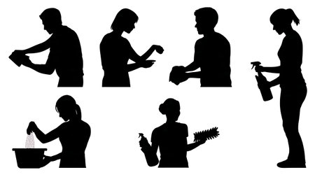 Close-Up Cleaning Hand Action Silhouettes isolated on plain white background.のイラスト素材