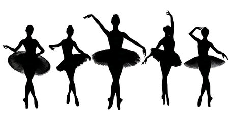 Black Solid Classical Pancake Tutu Ballerina Silhouettes isolated on plain white background.のイラスト素材