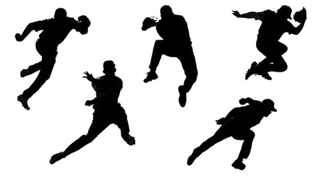 Dynamic Bowler Mid-Air Delivery Jump Silhouettes Set of Six isolated on plain white background.のイラスト素材