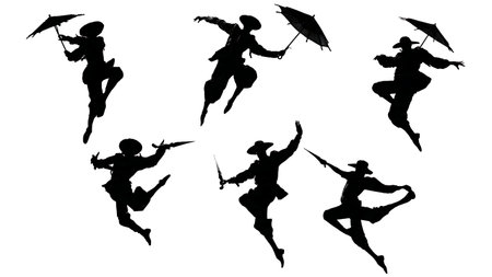 Acrobatic Brazilian Frevo Dancer with Umbrella Silhouettes isolated on plain white background.のイラスト素材