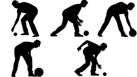 Carrom Ball (Finger-Flick) Delivery Silhouettes Set of Six isolated on plain white background.のイラスト素材