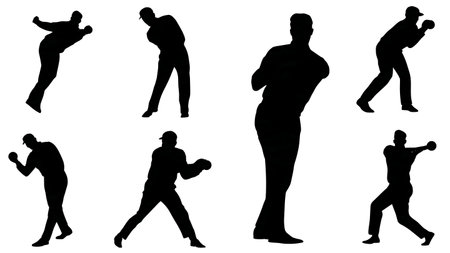 Rare Chinaman (Left-Arm Wrist Spin) Bowling Silhouettes isolated on plain white background.のイラスト素材