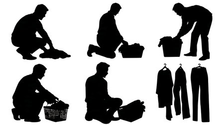 Closet Organization and Cleaning Silhouettes Set of Six isolated on plain white background.のイラスト素材
