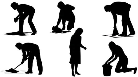 Cleaning Up Spills from Floor Silhouettes Pack of Six isolated on plain white background.のイラスト素材