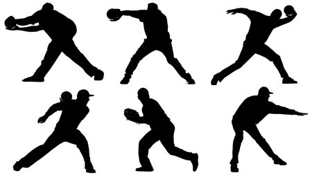 Rare Chinaman (Left-Arm Wrist Spin) Bowling Silhouettes isolated on plain white background.のイラスト素材