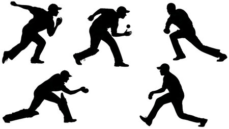 Varied Cricket Bowler Run-up Style Silhouettes Set of Six isolated on plain white background.のイラスト素材