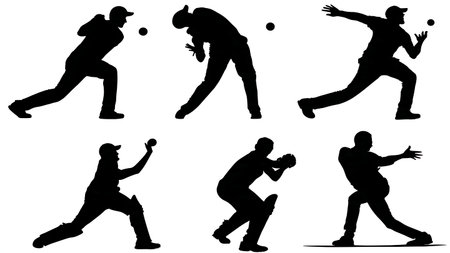 Peak Action Cricket Ball Release Silhouettes Set of Six isolated on plain white background.のイラスト素材