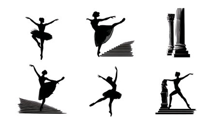 Collection of Six Ballet Dancers with Architectural Elements isolated on plain white background.のイラスト素材